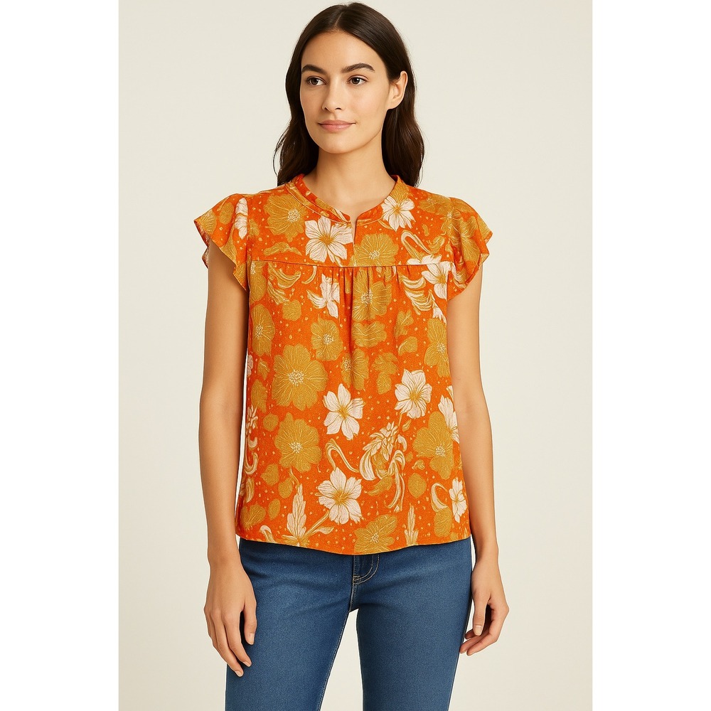 Joie Orange Floral Print‎ Flutter Sleeve Ruffle Neck Blouse Top L Gold Flecks